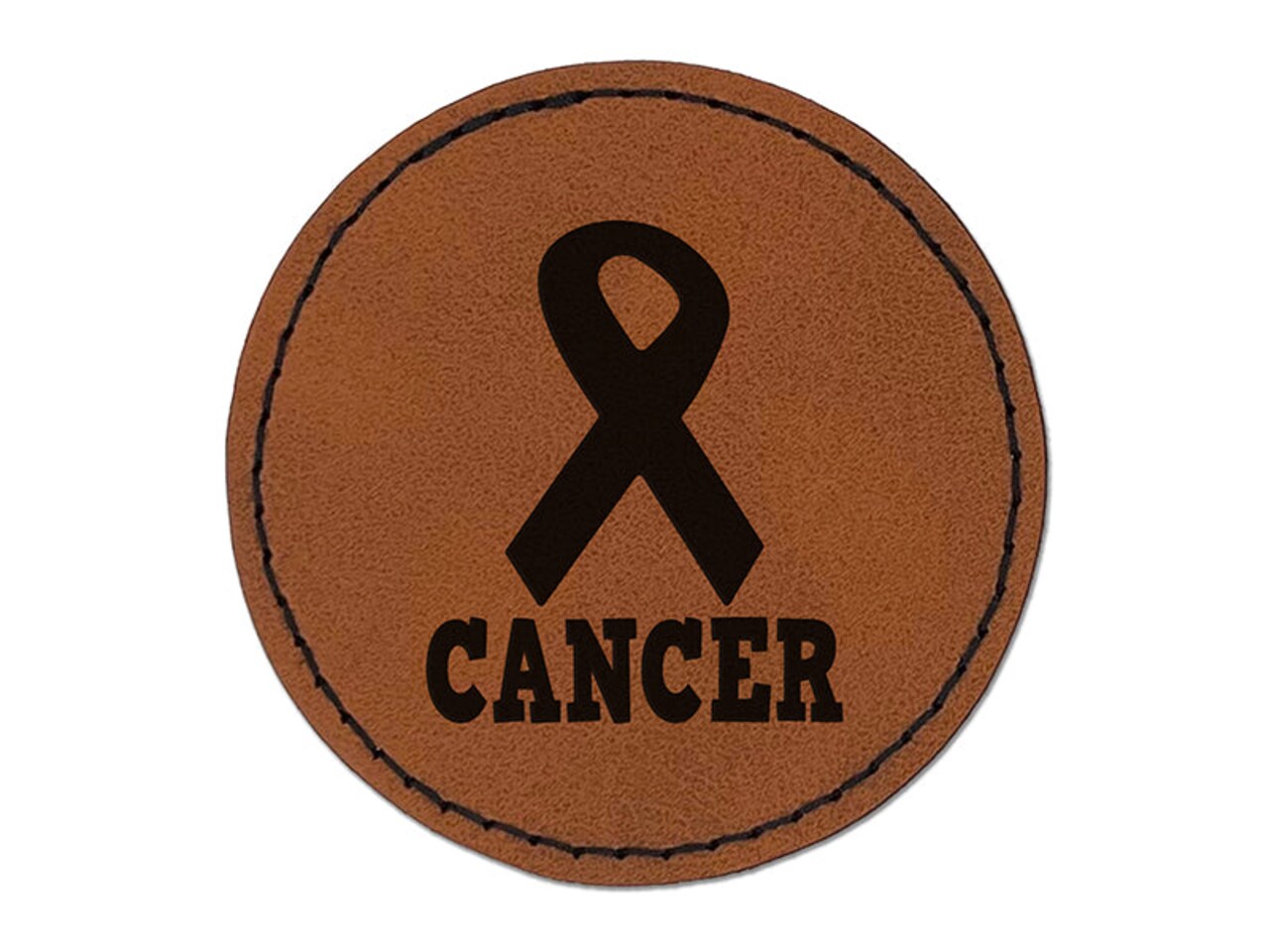 Cancer with Awareness Ribbon Round Iron-On Engraved Faux Leather Patch Applique - 2.5"